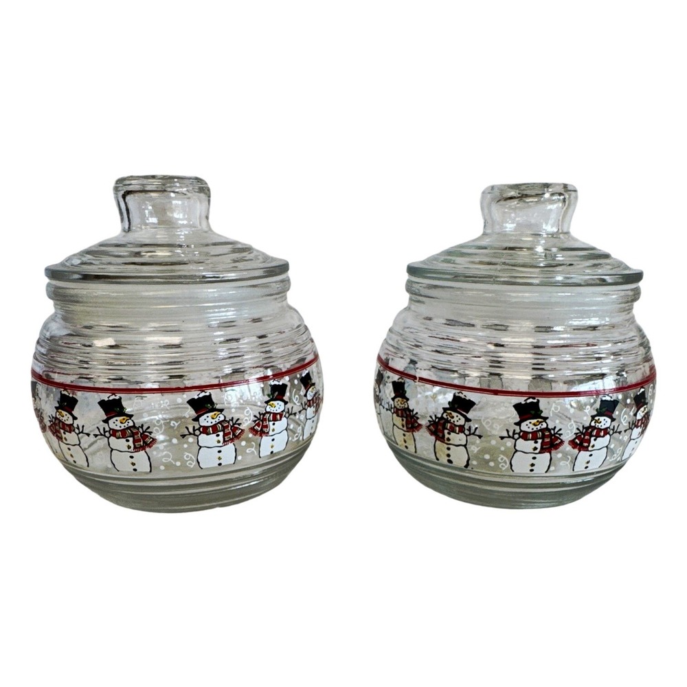 Greenbrier Christmas Snowman Glass Candy Jars With Lids 4" Set of 2